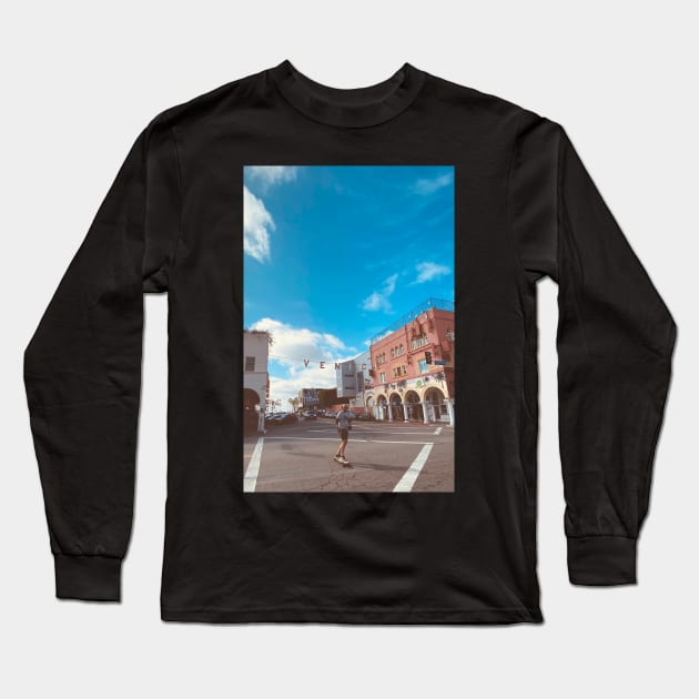 Photograph of skateboarder in Venice, Los Angeles, United States Long Sleeve T-Shirt by keeplooping